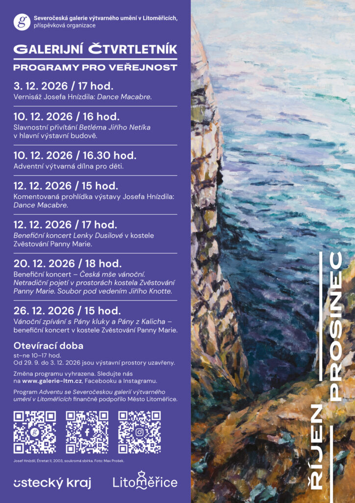 Galerijní ČTVRTletník Severočeské galerie výtvarného umění v Litoměřicích na říjen–prosinec 2026 s přehledem výstav, výtvarné dílny a benefičních koncertů. Vpravo je reprodukce obrazu Josefa Hnízdila Étretat II.